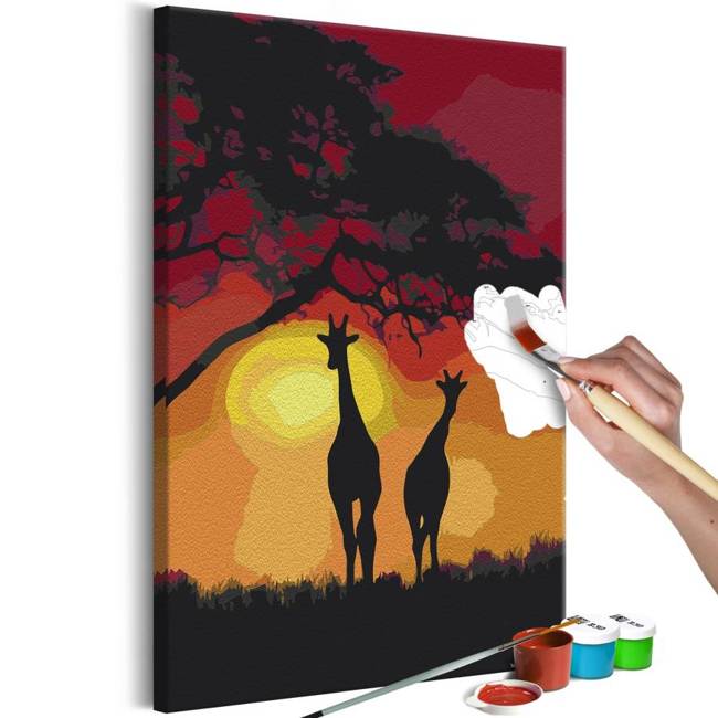 Obraz do samodzielnego malowania - Żyrafy i zachód słońca